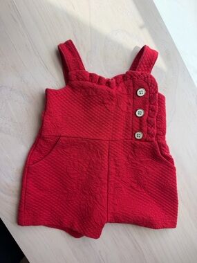 Janie and Jack Red Quilted Floral-Texture Kids Suspender Romper